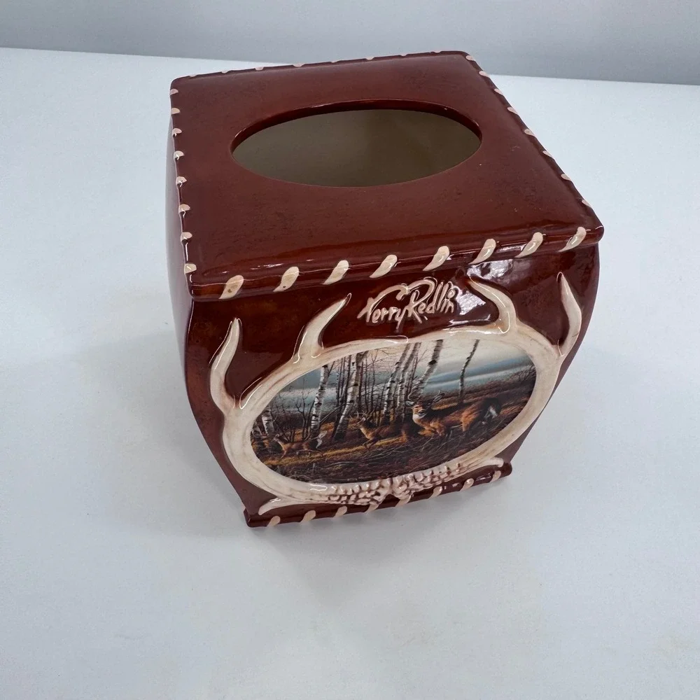 Terry Redlin Tissue Box Cover Wildlife Deer Ceramic Rustic Lodge‎ Cabin Brown